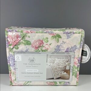 Rachel Ashwell The Farmhouse Queen Sheet Set Purple White Floral 100% Cotton NEW